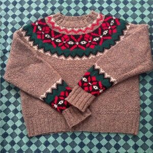 GAP Women's Brown Crewneck Sweater with Red and Green Pattern